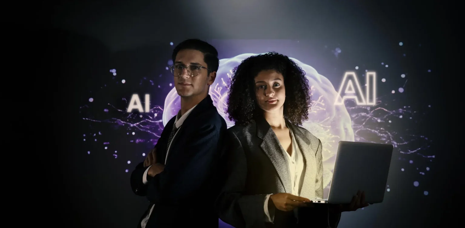 Ai and Business. Tech Startup team discussing and using artificial intelligence