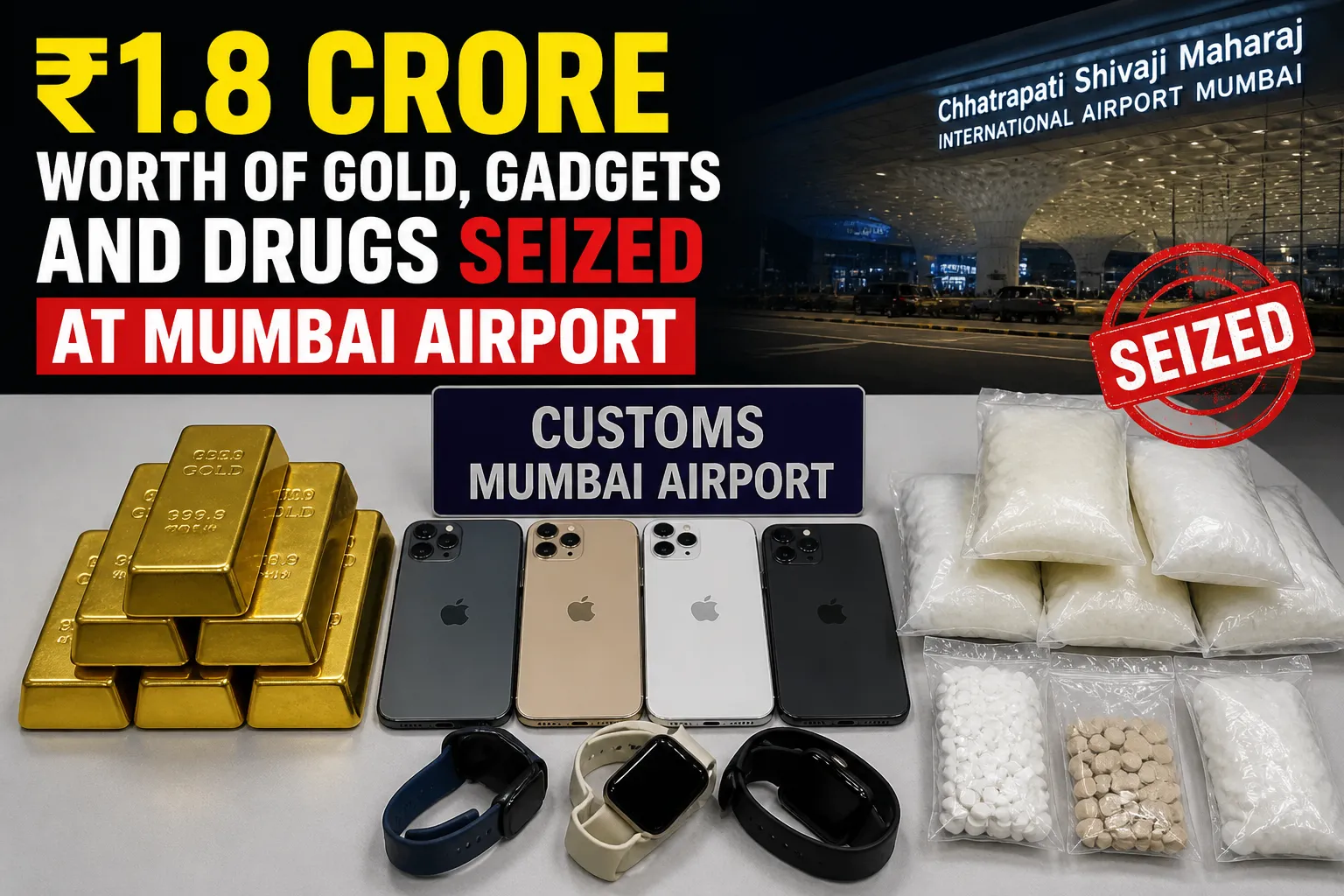 ₹1.8 Crore Worth of Gold, Gadgets and Drugs Seized at Mumbai Airport