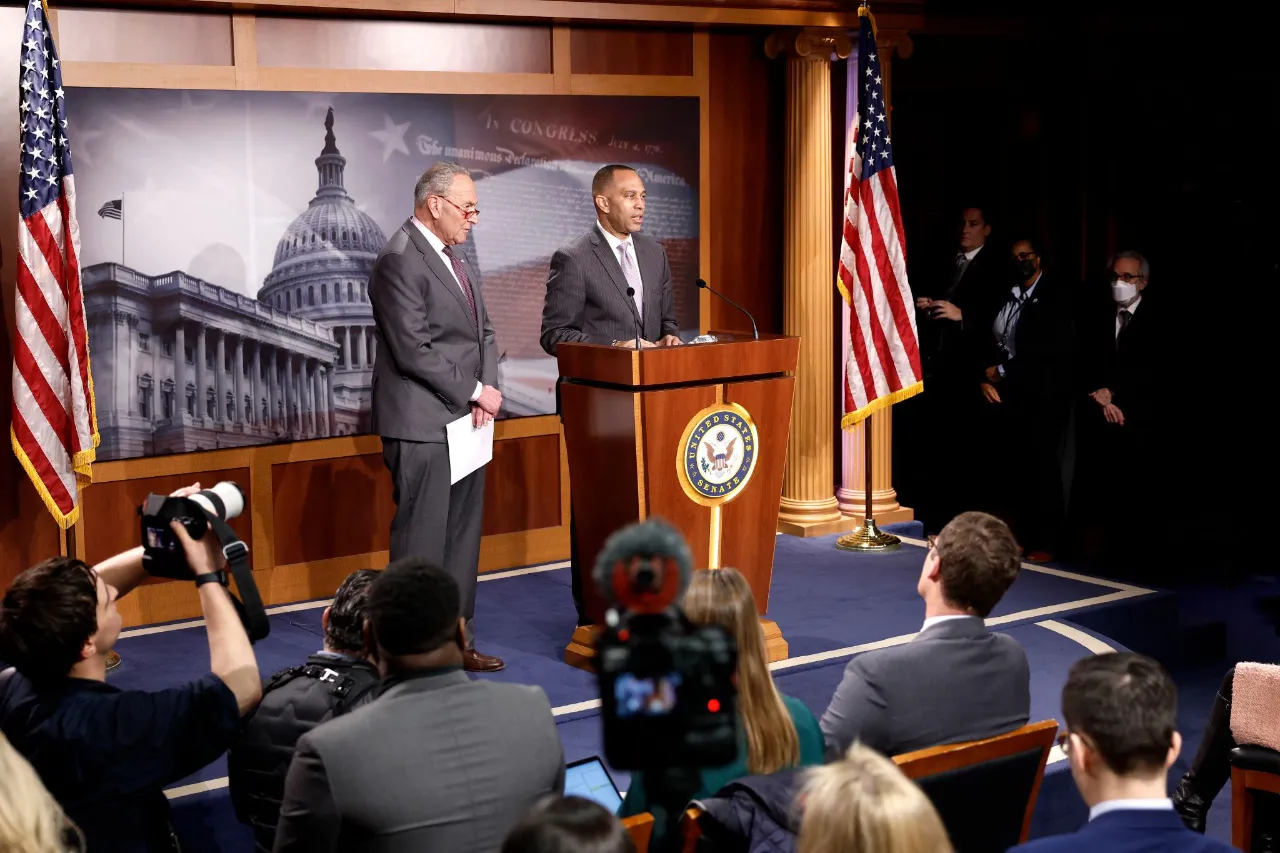 Democratic Leaders Schumer And Jeffries Hold Press Conference On Republican Sales Tax Plan