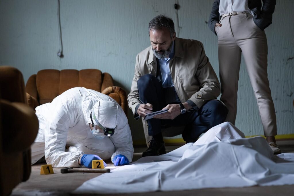 Forensic scientist and detective investigating crime scene